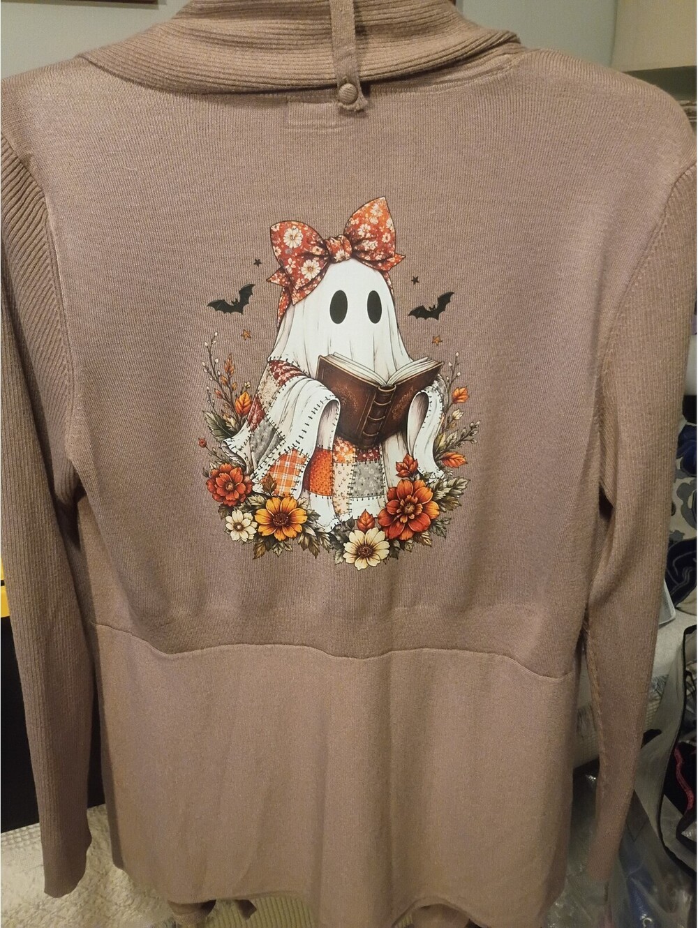 New Directions XL Tan Cardigan Sweater with Halloween Ghost Design
